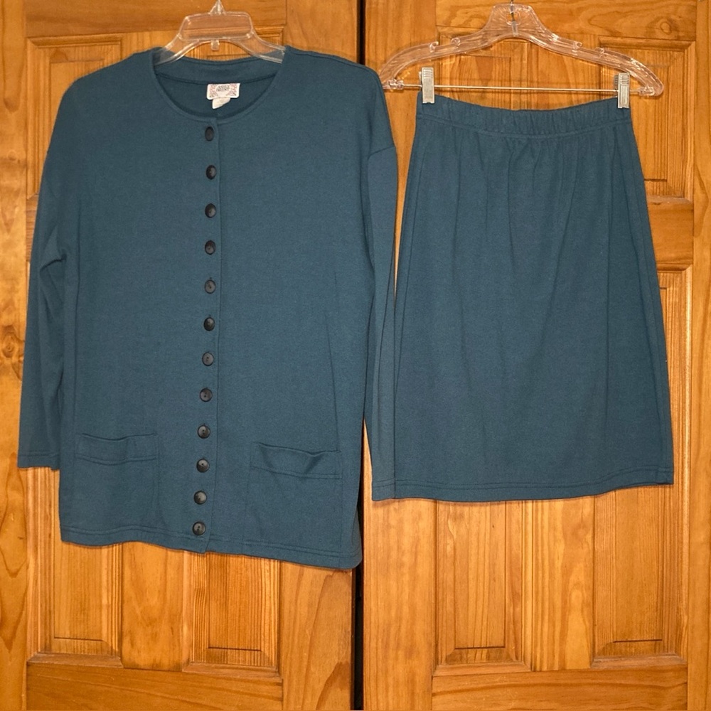 NWOT Ashly Brent Vintage 80s Cardigan and Midi Skirt Set Career Green Size 9/10
